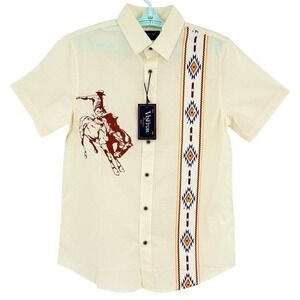 Visitor Premium Men's Short Sleeve Sand Western Rodeo Aztec Shirt Sz Medium NWT